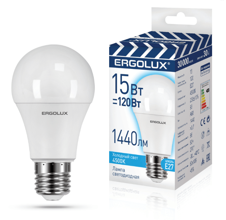 Лампа LED A60 (ЛОН) 15W E27 4500K Ergolux
