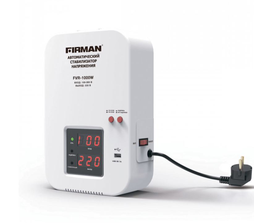 Стабилизатор настенный FIRMAN FVR-1000W (шнур/розетка; 1000Вт, 100-260В, USB, 3,2кг)